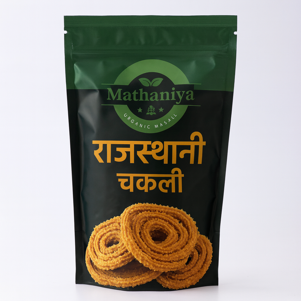 Mathaniya organic masala packaging with Rajasthan Chakli on a white background