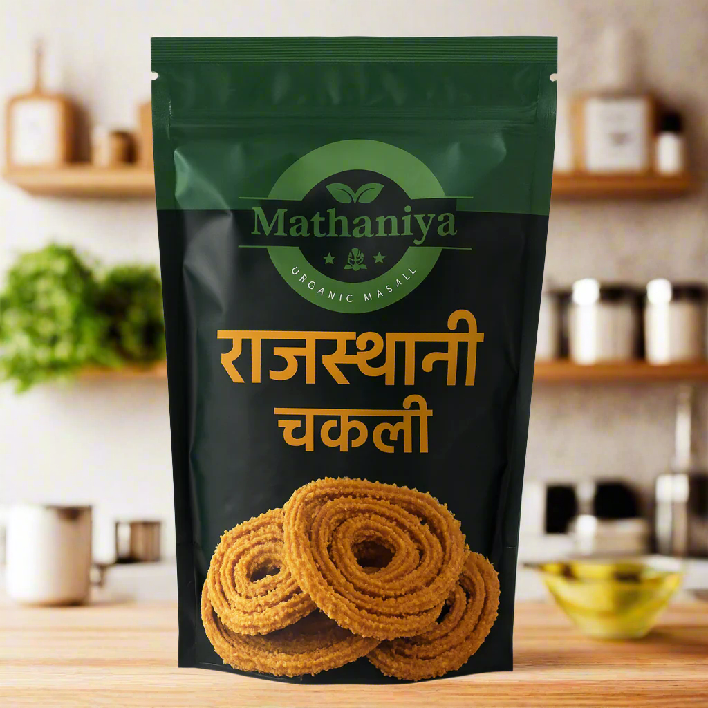 Mathaniya Organic Masala packaging with Rajasthani Chakli on a kitchen background