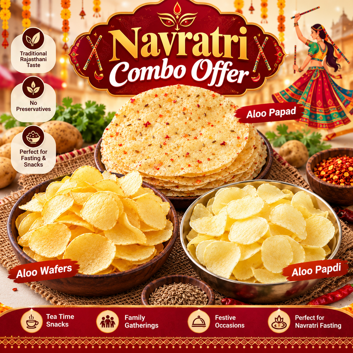 नवरात्रि व्रत स्पेशल Aloo Papad, Aloo Wafers & Aloo Papdi COMBO
